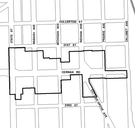 Michigan/Cermak TIF district map, roughly bounded on the north by 21st Street, 23rd Street on the south, Calumet Avenue on the east, and State Street on the west.